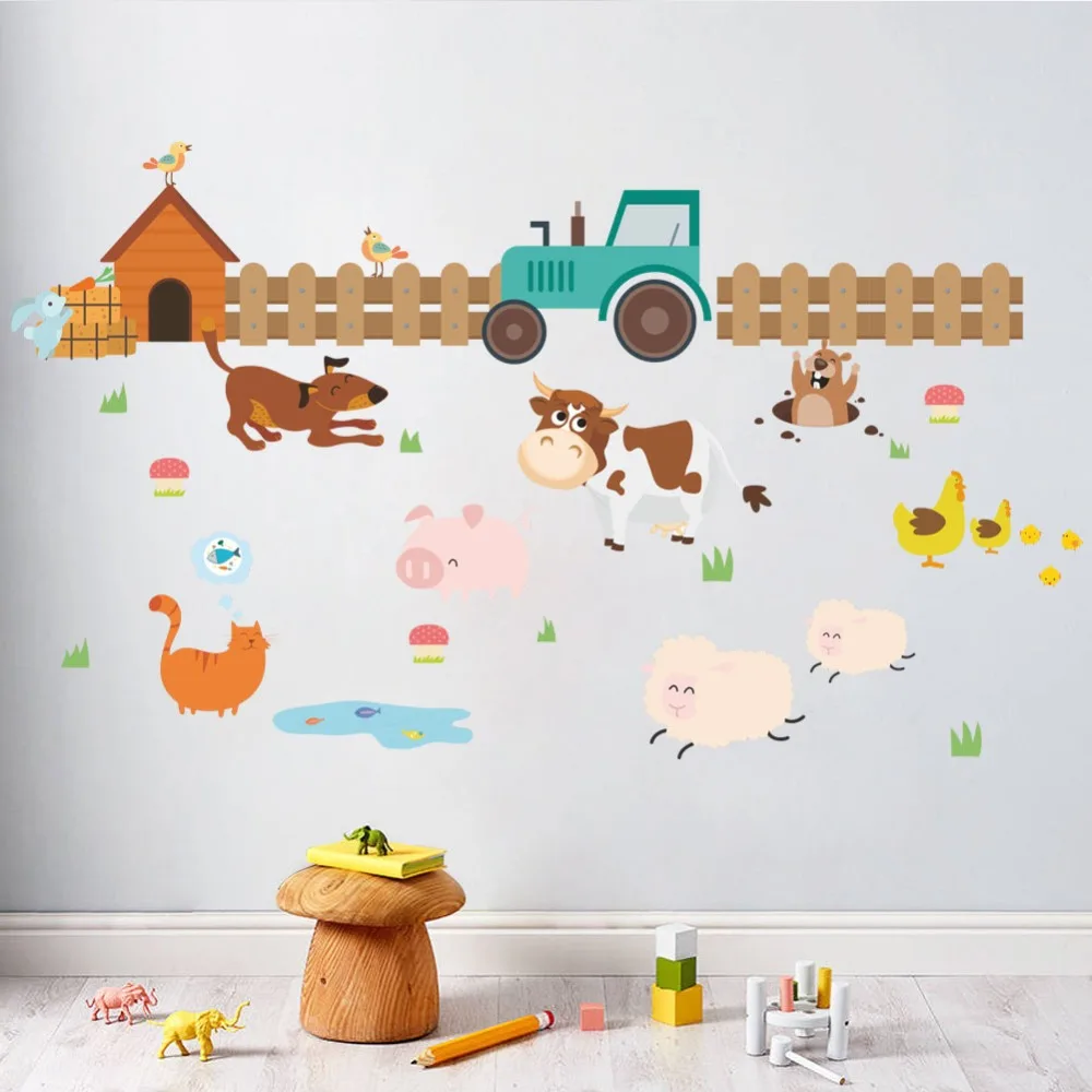 

Happy Farm Wall Decals Sticker Animals Tractors cow dog sheep cat kids Room Decor Stickers Decal Mural PVC Home Decor poster