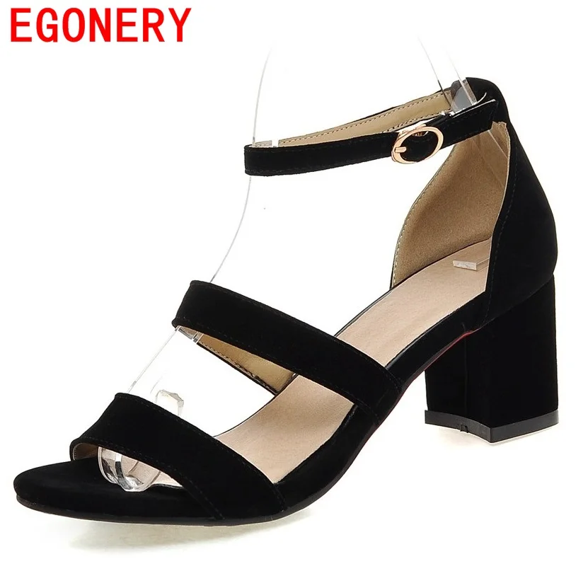 

EGONERY Black Nubuck Strap Belt Open Toe Summer Style Woman Sandals Chunky Square Heels Women's Shoe Plus Size 34