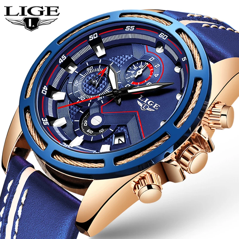 

LIGE Mens Watches Top Brand Luxury Blue Sport Clock Leather Military Waterproof Watch Men Quartz Wristwatch Relogio Masculino