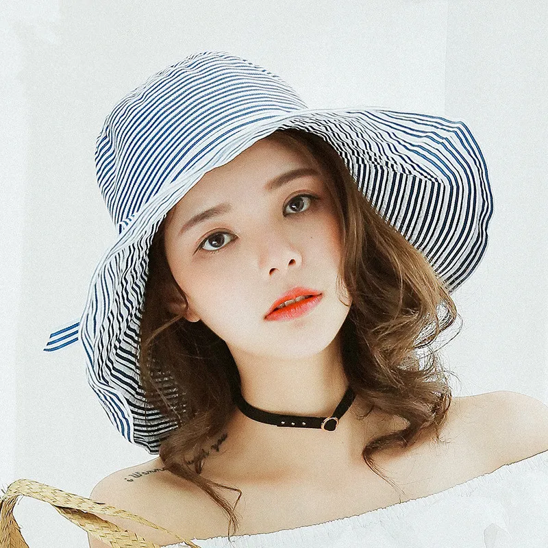 

2017 Summer New Women Foldable Striped Sun Hat With Bowknot Wide Large Brim Hats Beach Floppy Cotton Caps Sun Protection