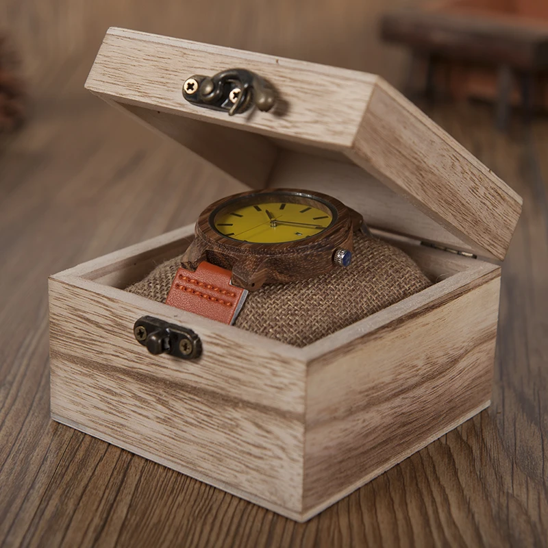 BOBO BIRD WO09 Newest Zebra Wood Watches Yellow Orange Leather Band Calendar Quartz Watch for Men Women With Wooden Box OEM