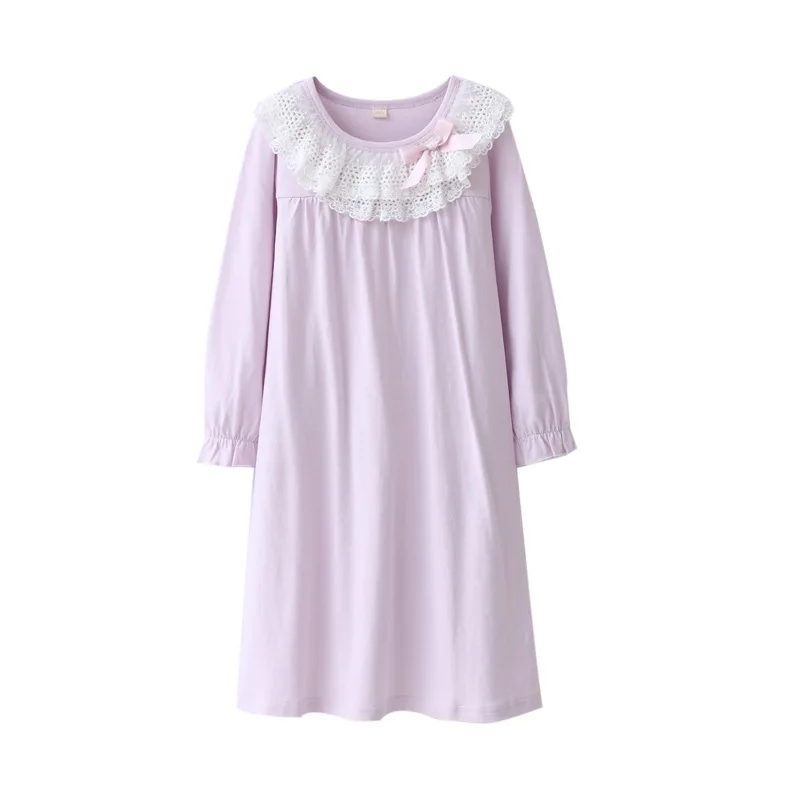 Детская одежда для девочек пижамы ночнушки одежда для сна хлопковая фиолетовая с милым розовым бантом свободного покроя Повседневное для детей; одежда для сна; халат; 4pa012