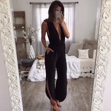 Women Elegant Jumpsuit Sexy Low Cut V Summer Jumpsuit Sleeveless Overalls With Pockets Casual Elastic Waist Playsuit 2019 semi sheer sleeveless open back elastic waist playsuit with lace details