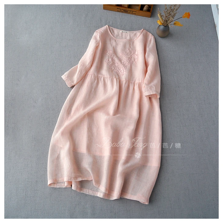 

Spring Summer Women Casual Loose Plus Size Japanese Style Brief Fairy Mori Girls Embroidery Thin Ramie Dresses