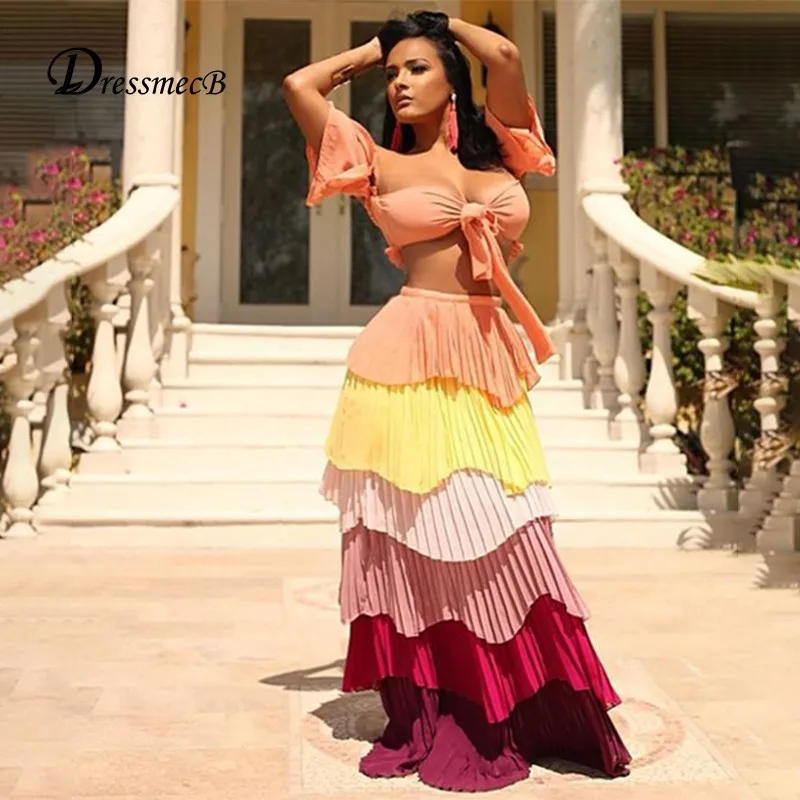 

DRESSMECB Sexy Two Pieces Set Summer Dress Women Strapless High Waist Vestido Lady Daily Ruffless Long Solid Vestidos De Fiesta