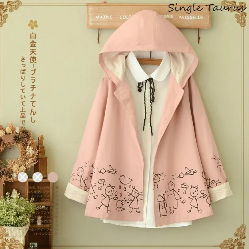 

Japan Preppy Style Hooded Trench Coat Women Fashion Kawaii Long Sleeve Single Breasted Graffiti Loose Autumn Casaco Feminino