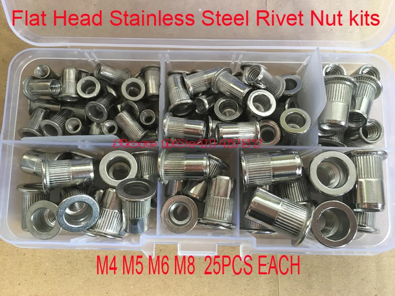 100pcs/lot 25pcs each M4 M5 M6 M8 SUS 304 Rivet Nut kits stainless