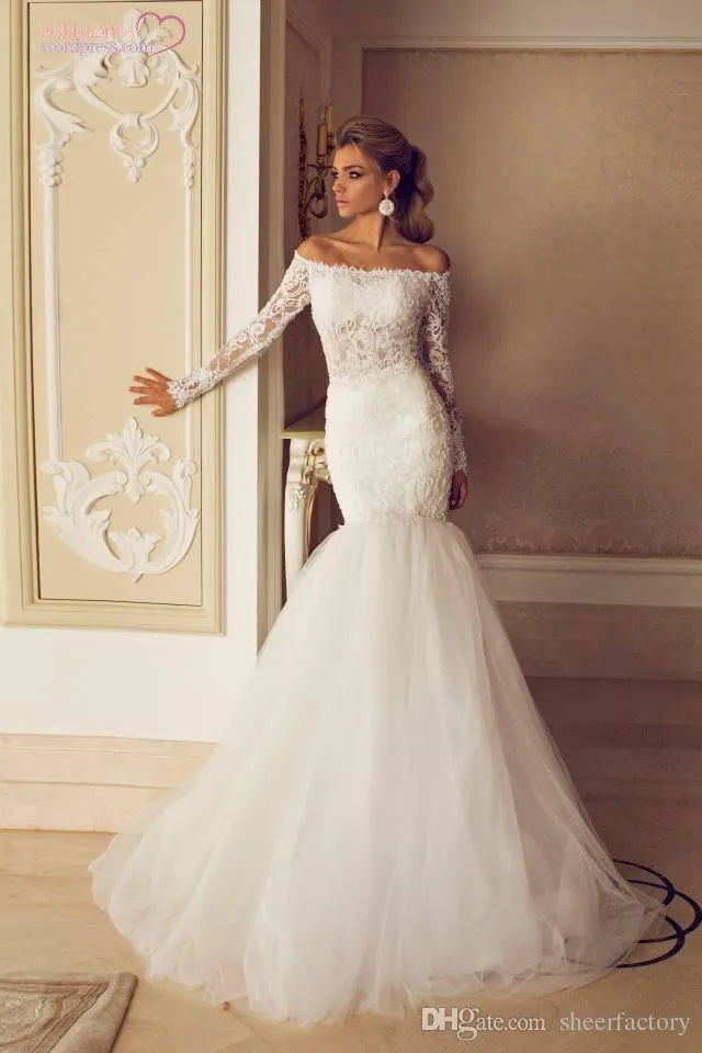 2015 Modest Muslim Off The Shoulder Lace Long Sleeve Mermaid