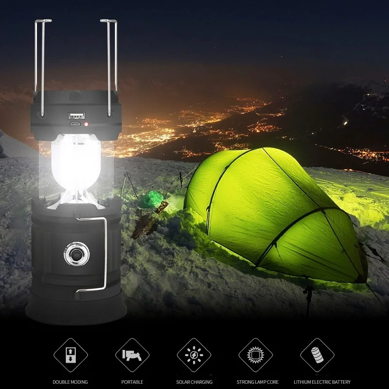 Складной портативный солнечной энергии многоцелевой туристический фонарь 18650 перезаряжаемые USB наружные фонарики лампа для палатки