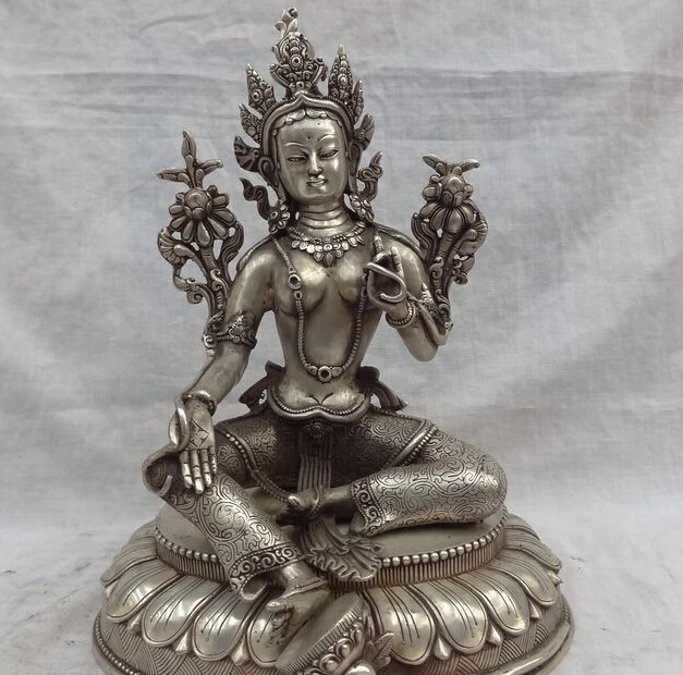 

S0610 10" Tibet Silver Buddhist Style Bronze Lotus Green Tara Buddha Statue Sculpture
