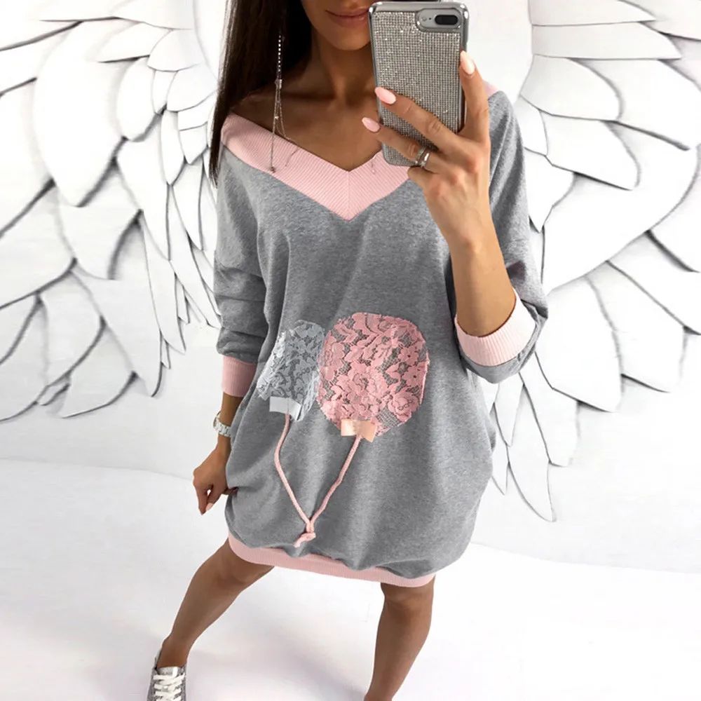 

Women Kawaii Sweet Pink balloon V-Neck Sweatshirt Loose Tops Clothes Girls Splice Patchwork Spring Fall Summer Clothes