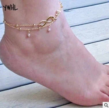 The world's best-selling Double eight bead beach anklets Popular contracted gold women chain Fashion S | Украшения и