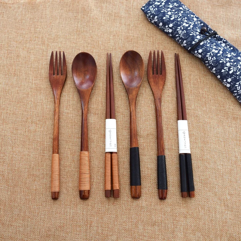 

3pcs Portable Spoon Chopsticks Fork Wooden Cutlery Bag Set Travel Camping Bag Picnic Outdoor Tableware Japanese Dinner Set