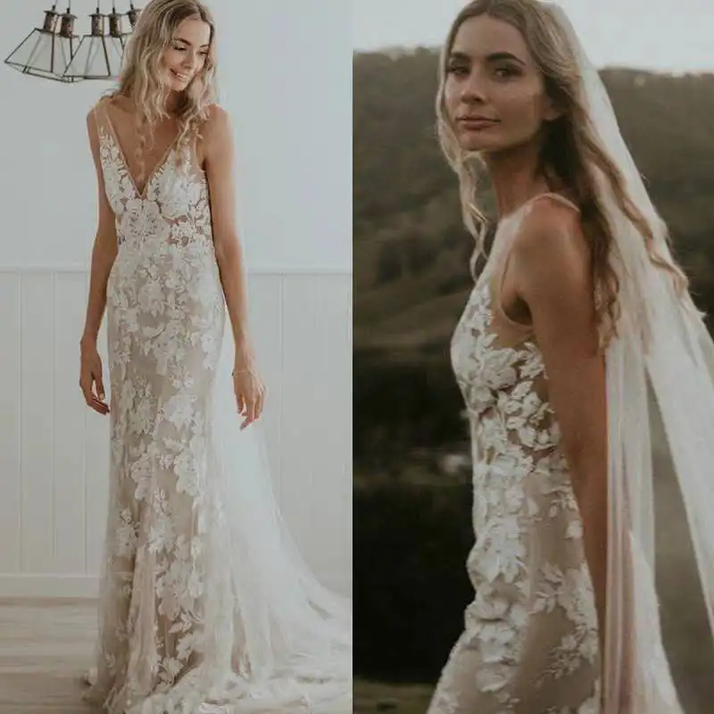 deep v lace wedding dress