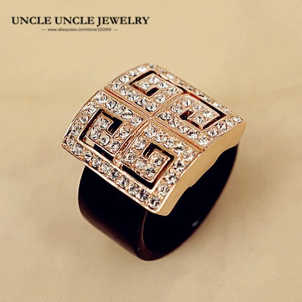 

Brand Design Rose Gold Color Retro Rome Paved G Design Rhinestone Square Acrylic Lady Finger Ring Wholesale Gifts
