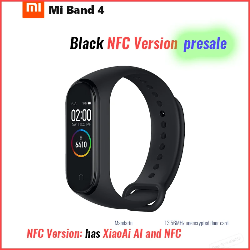 Xiaomi mi-браслет 4 смарт-браслет mi Band 4 фитнес-браслет 0,9" AMOLED цветной сенсорный экран управление музыкой пульсометр BT - Цвет: Mi Band 4 NFC Black