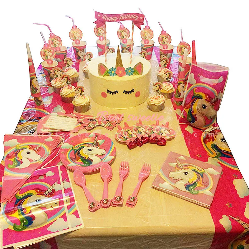 

Unicorn Party Cake Disposable Party Tableware Paper Plates Cups Set Unicornio Theme Happy Birthday Party Decorations Kids