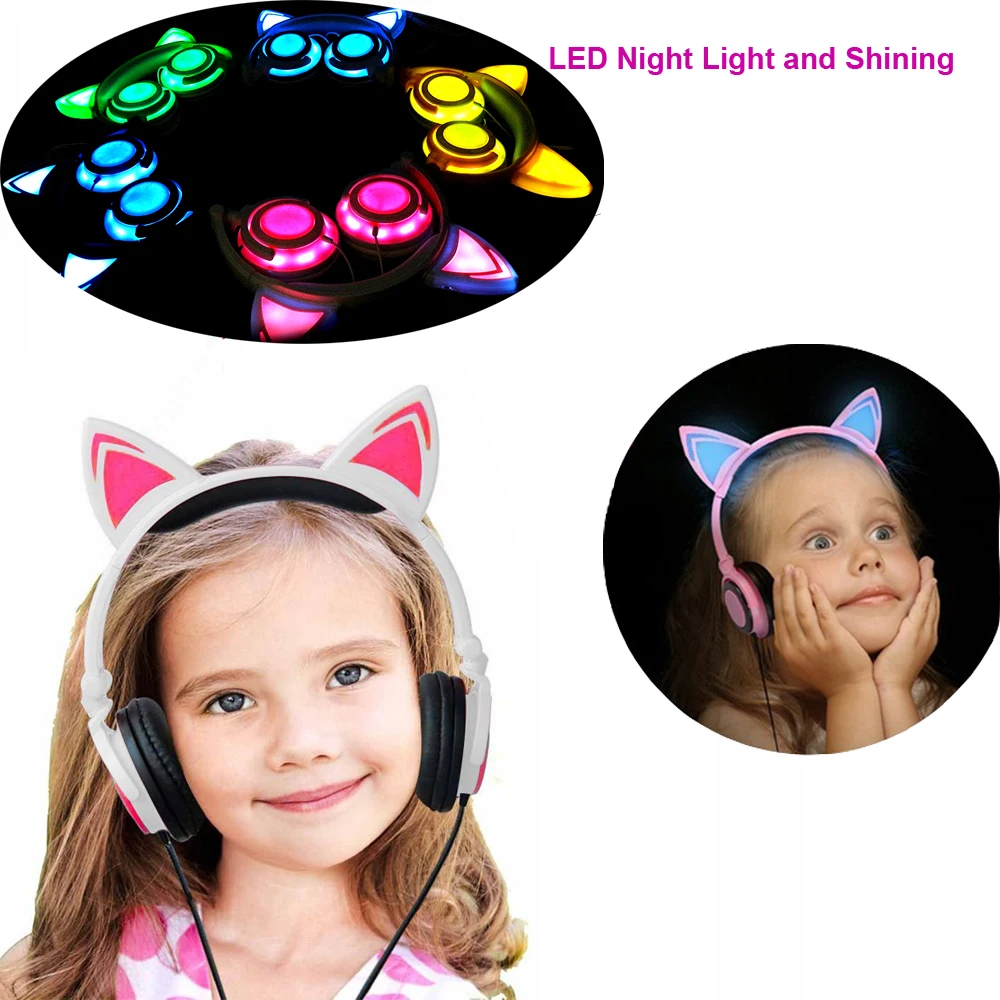 USB кошачий наушник, модный светодиодный наушник, мигающая светящаяся гарнитура, игровые наушники для девочек, детские складные кошачьи наушники