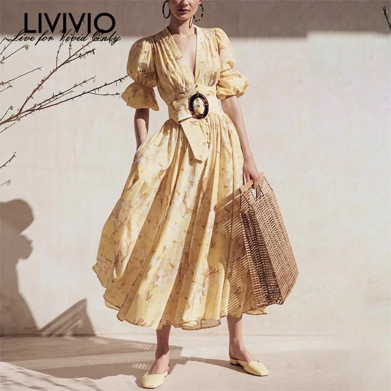 

[LIVIVIO] 2019 Spring Summer Boho Yellow Floral Puff Sleeve V Neck Long Dress with Belt Korean Elegant White Dresses Clothes New