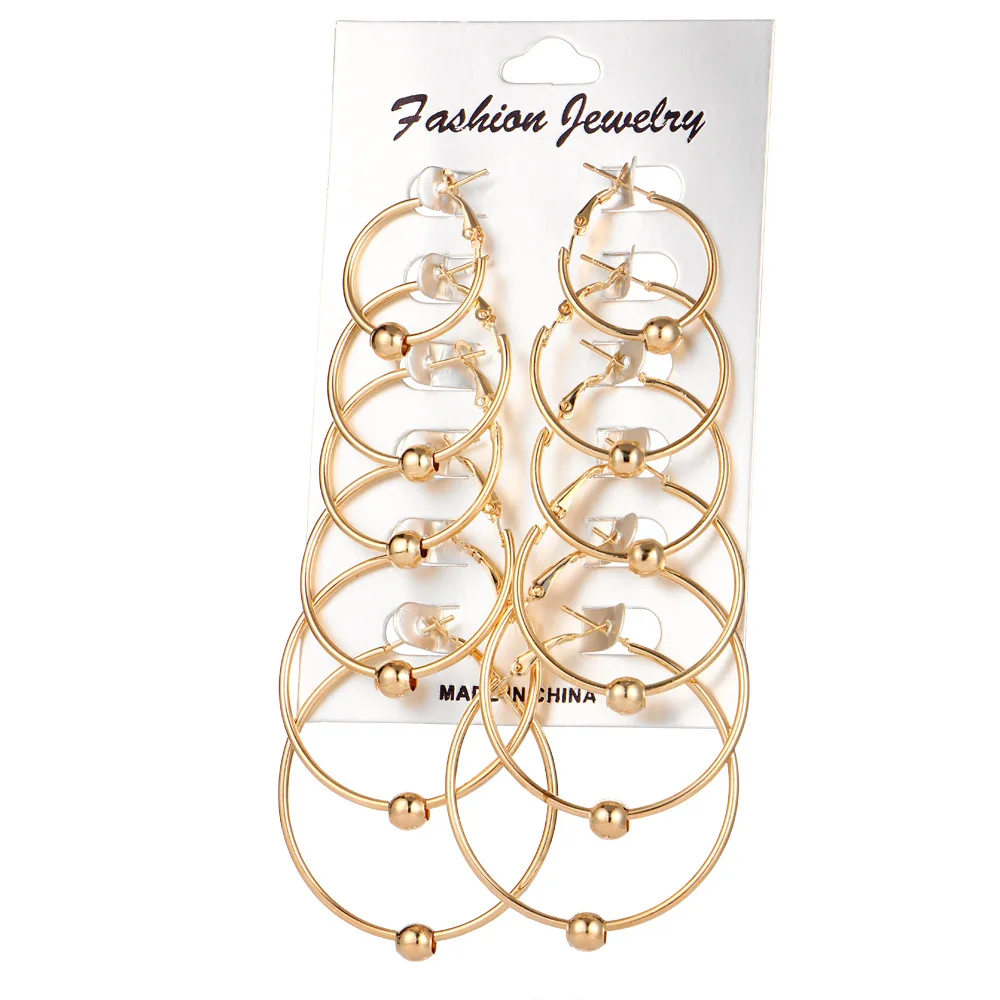 

6 Pairs/Set Big Circle Hoop Earring Set Gold Silver Color Smooth Ball Pendant Earrings For Women Small Round Loop Ear Jewelry