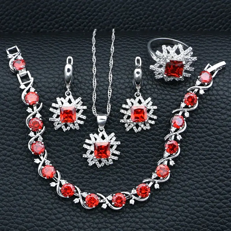 Silver 925 Jewelry Sets For Bride Wedding Accessories Red Cubic Zirconia White Crystal Necklace/Earrings/Bracelet/Pendant/Ring | Украшения