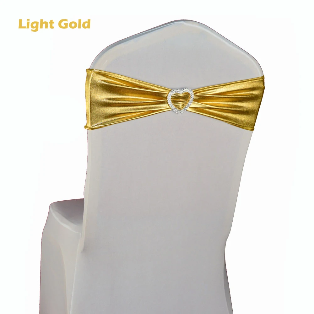 Light Gold 100 шт. металлический спандекс, ремешок для стула, золотой, серебряный, красный, с пряжкой в виде сердца, для банкета, стула для свадебной вечеринки, украшения - Цвет: Light Gold
