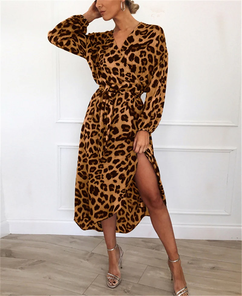 Леопардовое платье 2019, женская шифоновая, длинная, пляжная одежда, свободное платье с длинным рукавом, глубокий v-образный вырез, а-силуэт