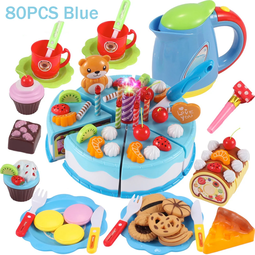 Brinquedos de Cozinha Bolo de Aniversário Cozinha para Crianças Cocina de Juguete Fingir Jogar Corte Comida Brinquedo Plástico Jogo Chá Conjunto 80 Pçs 7 High Quality Brinquedos e hobbies