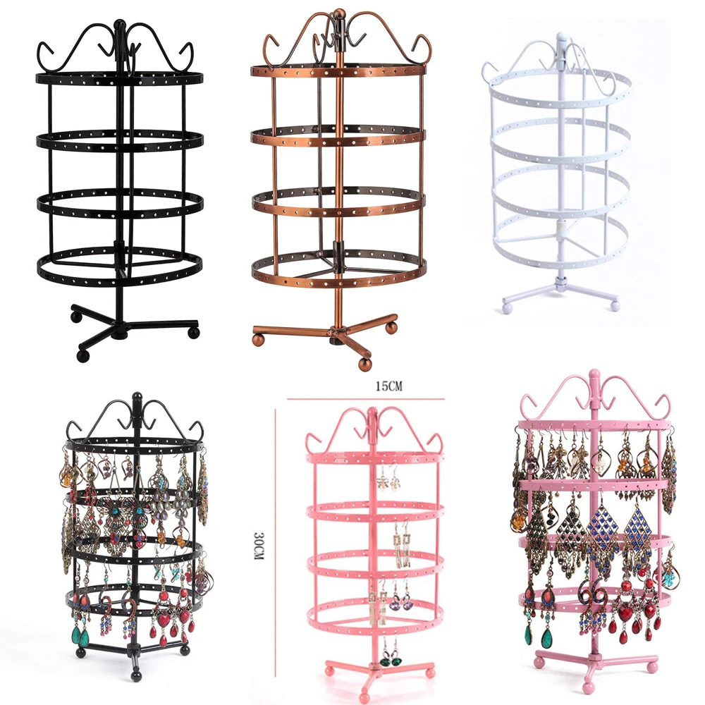 

SZanbana Multi Color 4 Tiers Metal 144 Holes Round Rotating Spin Table 72 Pairs Earring Holder Jewelry Stand Display Rack Towers