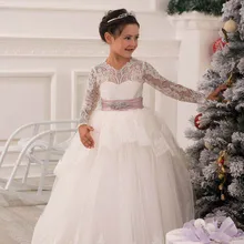 Белое/цвета слоновой кости, прозрачное кружевное платье с длинными рукавами для первого причастия, платье с цветочным узором для девочек, винтажное детское Пышное Платье на выпускной, платья для свадьбы