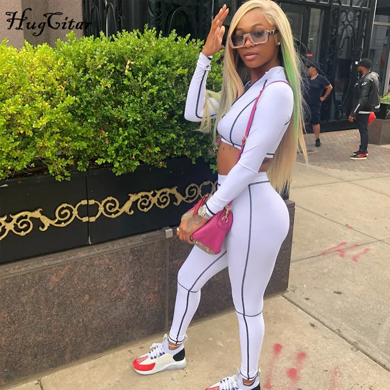 Hugcitar stripe line patchwork zipper crop tops leggings 2 two pieces set 2019 autumn women tracksuit streetwear female outfits Hugcitar stripe line patchwork zipper crop tops leggings 2 two pieces set 2019 autumn women tracksuit streetwear female outfits