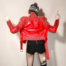 Европа DJ Мода панк заклепки мотоциклетная кожаная куртка женский ночной клуб красная куртка личность рокер заклепки уличная куртка