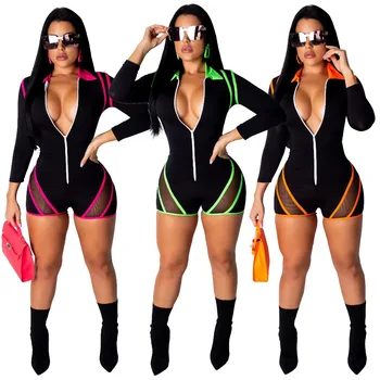 

Richietrade Casual Skinny Mesh Bodysuits Striped Long Sleeve Turn Down Collar Zippers Women Playsuits