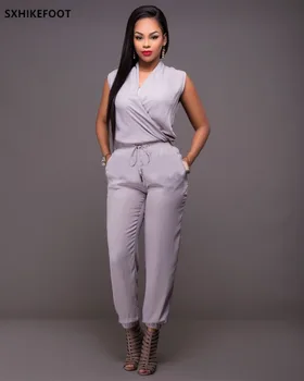 

Sexy Bodysuit Real Linen Catsuit Vadim Woman Hot European And American Temperament 2019 Summer V Neck Sleeveless Waist Jumpsuit