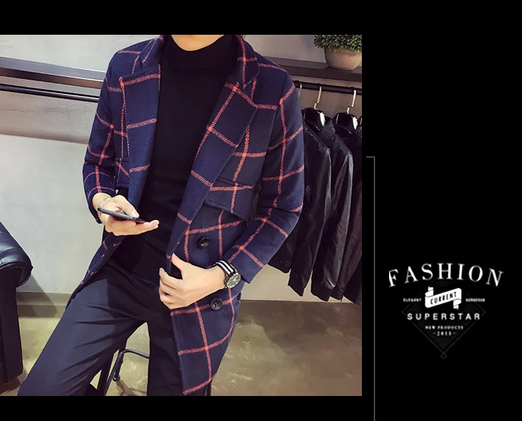 Fashion Casual Slim Plaid Double Breasted Overcoat High-end Brand Long Woolen Coat Male Jacket Men Autumn Winter Tranch Jackets