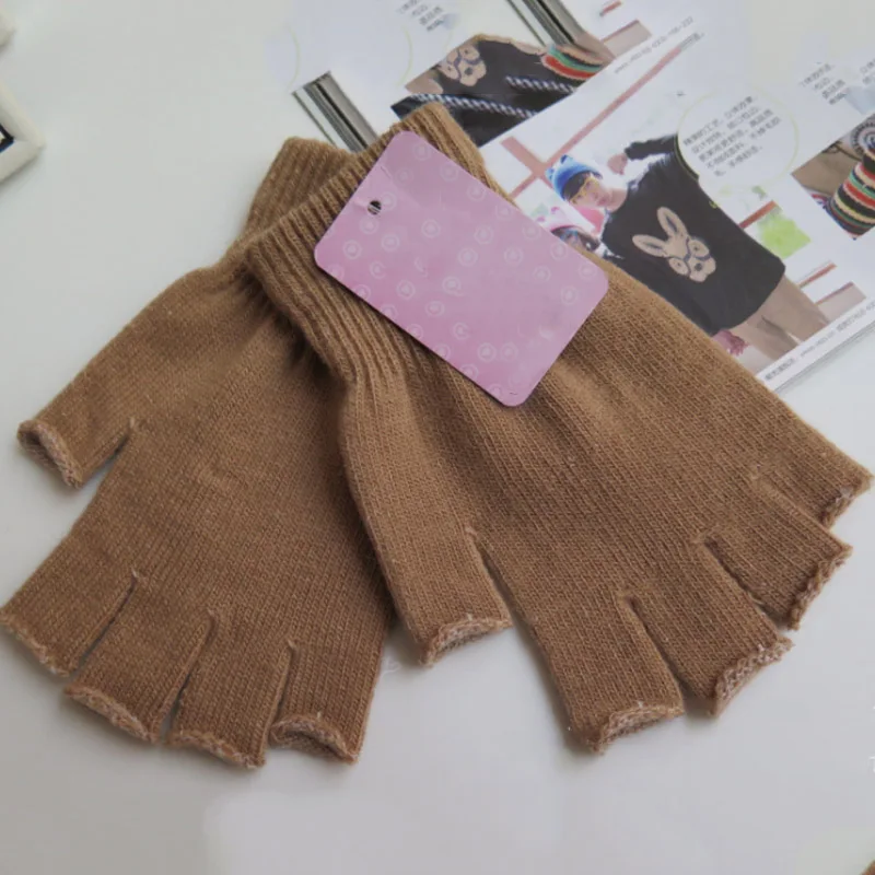 Khaki Лидер продаж, 1 пара, женские и мужские мягкие перчатки на пол пальца, зимние теплые вязаные перчатки без пальцев, унисекс, 6 цветов, варежки - Цвет: Khaki