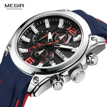 Megir Men's Sports Quartz Watches Blue Silicone Strap Analogue Chronograph Wristwatch for Man Luminous Hands Calendar 2063GBE-1 megir man s analogue chronograph quartz watch with stainless steel bracelete luminous wristwatch for boys calendar 24 hour 2064g