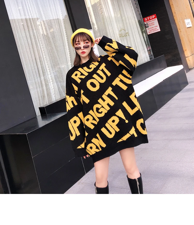 7Mang, зимний женский уличный черный длинный свитер с круглым вырезом, свободные вязаные пуловеры с буквами, Харадзюку, желтые свободные милые свитера