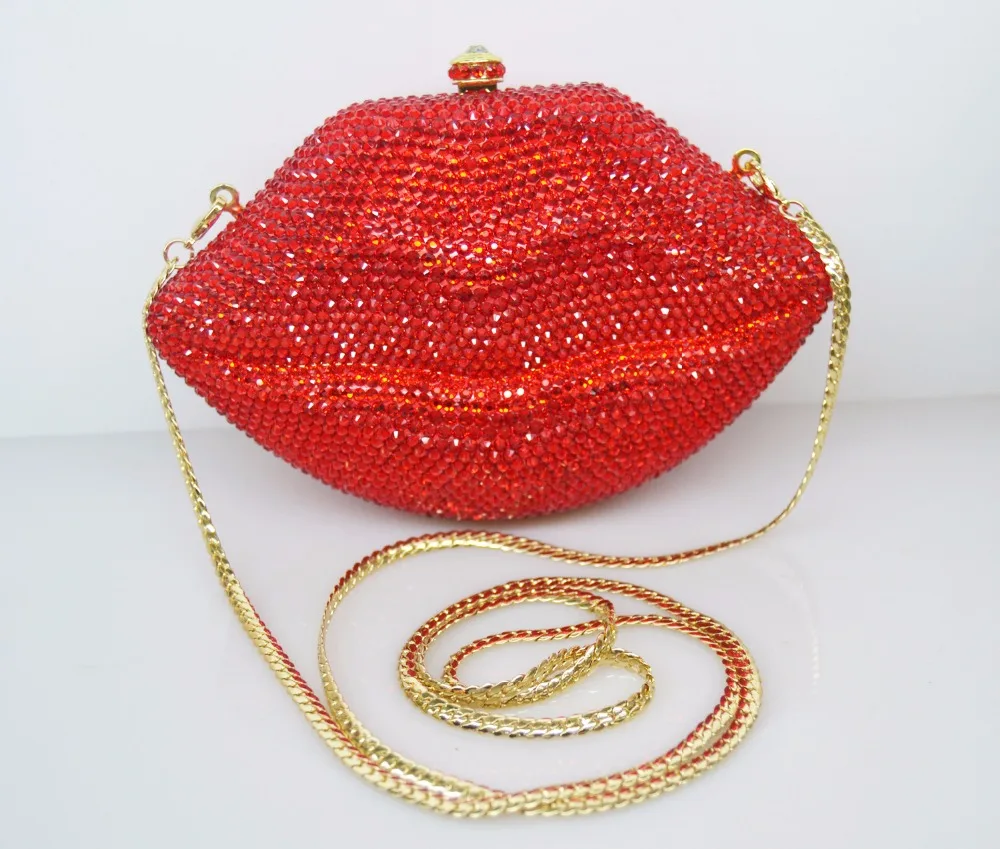 Stylish Diamond Evening Bag Sexy Red Lips Crystal Evening Bag Gold