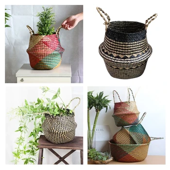

Hand Woven Rattan Wicker Grass Basket Garden Flower Vase Pot Holder Planter, Seaside Tote Beach Bag Shopping Handbag