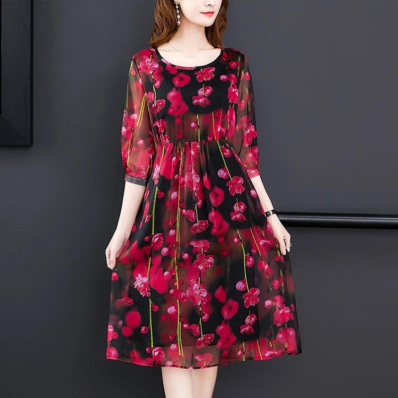 

Elegant Female Vestidos Real Silk Dresses 2019 New Summer Vintage A-line Print Dress Loose O-Neck Short Sleevele Dresses