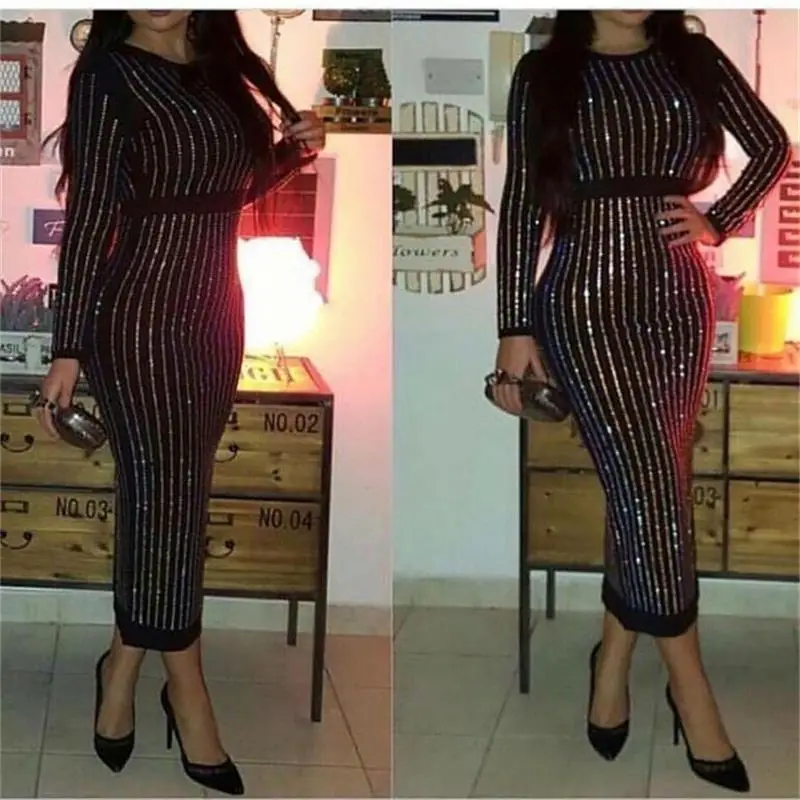 EXCELLENT QUALITY Fashion black Long Sleeve Rhinestone Diamonds Embellished Bodycon Dress