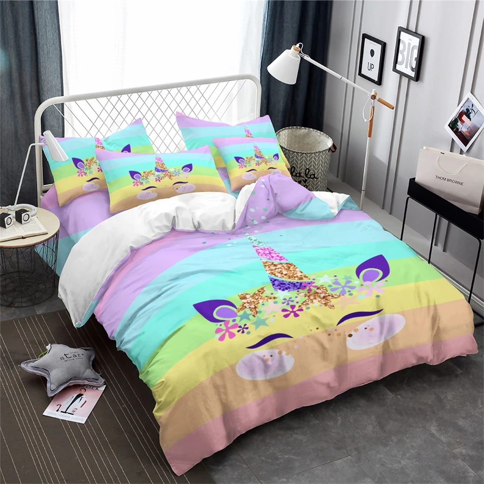 

Colorful Cartoon Duvet Cover Set Lovely Unicorn Bedding Multi-Color Striped Quilt Cover Girls Bedclothes Pillowcase Home Decor