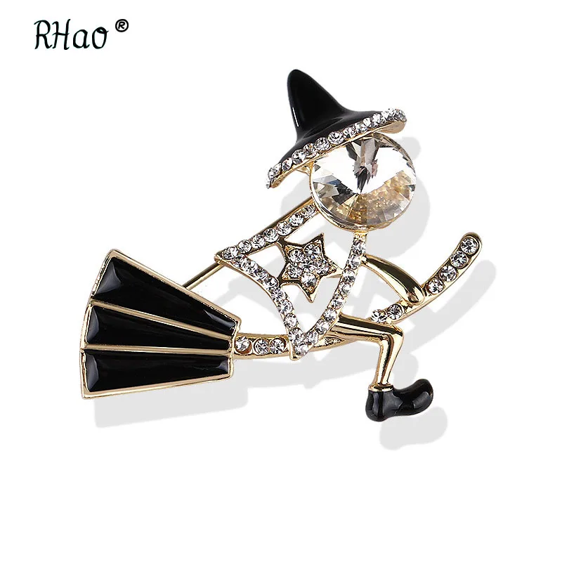 RHao смешная Волшебная ведьма Летающая брошь веник черная эмаль шляпы кристалл фигура Хэллоуин ювелирные изделия брошь декоративная одежда брошь - Окраска металла: Black