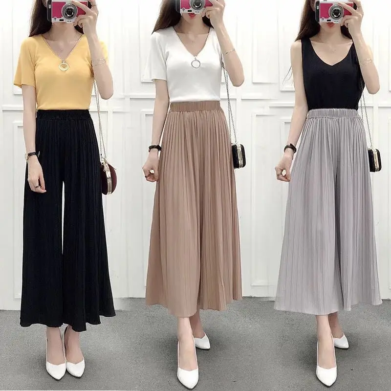 

2019 New Spring and Autumn Solid Color Womens Pleated Wide Leg Palazzo Pants with Elastic Band of 6 Color Casual Pants