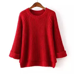 Винтаж Осень Зима для женщин Твердые свободные свитеры для пуловеры с длинным рукавом красный повседневное укороченный свите