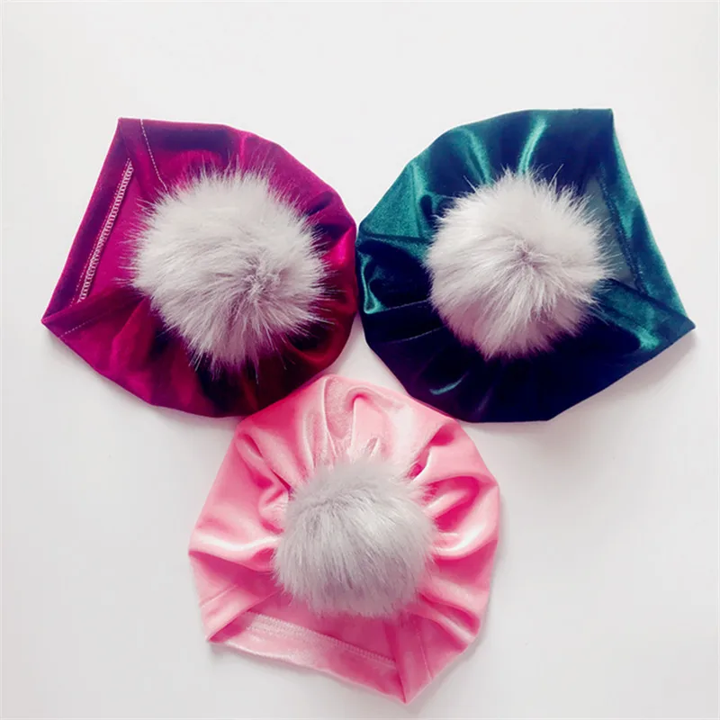 

2018 New Arrival 10pcs/lot Baby turban hats Spring Autumn children velvet Caps kid Beanie pompom fur hat Warm girl caps