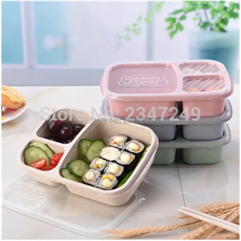 

Lunch Wheat Straw Bento Box 3 Grid With Lid Microwave Food Box Biodegradable Storage Container Bento Boxes Dinnerware Set