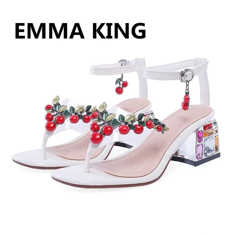 

PVC Transparent Flip Flops Women Crystal Studded Chunky Heels Sandals String Beads Ladies Party Shoes Woman High Heels Sandals