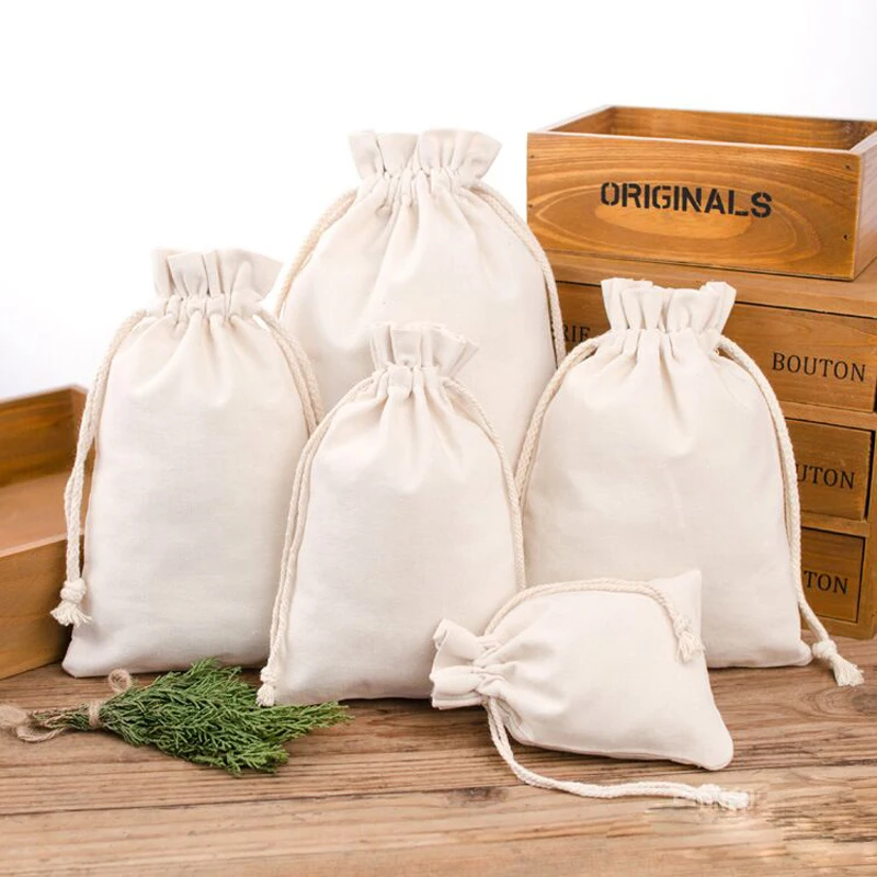 Wholesale 200pcs/lot blank canvas cotton drawstring shopping Bags storage pouch grocery tote ...